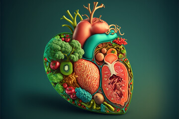 Healthy food - Healthy heart. Human heart made with healthy food by various vegetables and fruits. Healthy food concept. AI