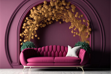 Living room interior mock up, modern furniture, colors Viva magenta sofa, Viva magenta wall color. Viva magenta is a trend colour year 2023