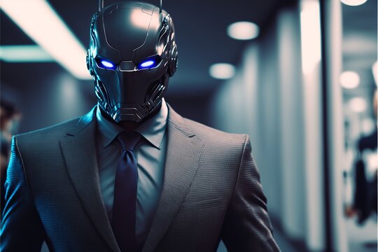 Roboter Gesch&auml;ftmann mit Alienkopf und Anzug in der Zukunft cyborg, ai generativ