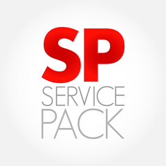 Obraz na płótnie Canvas SP - Service Pack a collection of updates, fixes, or enhancements to a software program delivered in the form of a single installable package, acronym text concept background