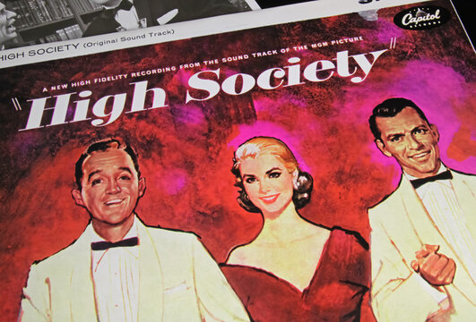 Viersen, Germany - January 1. 2023: Closeup of isolated vinyl record cover of musical film movie High Society from 1956