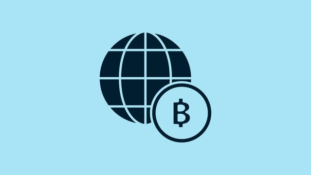 Blue Globe and cryptocurrency coin Bitcoin icon isolated on blue background. Physical bit coin. Blockchain based secure crypto currency. 4K Video motion graphic animation