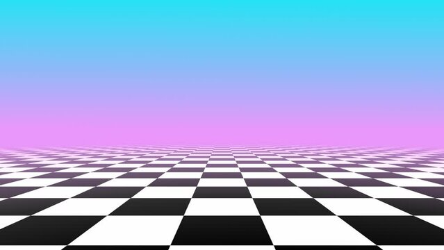 Abstract retro animated background with black and white checkered floor, vaporwave aesthetics, pastel colors.