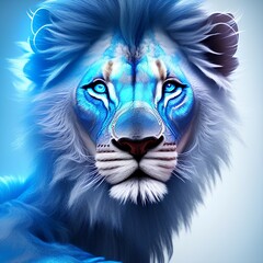 Portrait of a cute blue lion in a tracksuit, highly detailed, striking features, studio lighting, fine art photography, warm lighting - generative ai