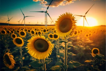 Fotobehang Windkraftanlagen Windrad Turbinen auf dem Land mit Sonnenblumen Felder. AI generativ © www.freund-foto.de