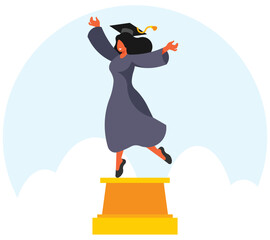 Female student standing on a pedestal celebrating graduation. Academic degree concept. Female student smiles with diploma. Vector graphics