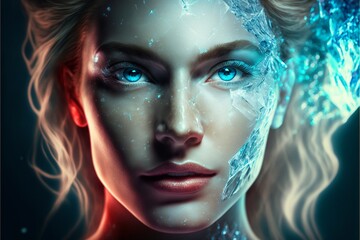 Hübsche Frau mit futuristischem Make-Up Kristalle Nahaufnahme Gesicht, ai generativ