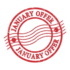 JANUARY OFFER, text written on red postal stamp.