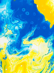 Blue and yellow creative abstract hand painted background, marble texture, abstract ocean, acrylic painting on canvas.