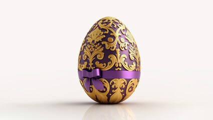 lilac purple easter egg with golden details and a lilac purple fantasy style bow, on white background, no surrounding objects, photography, studio background, illustration, graphic resources