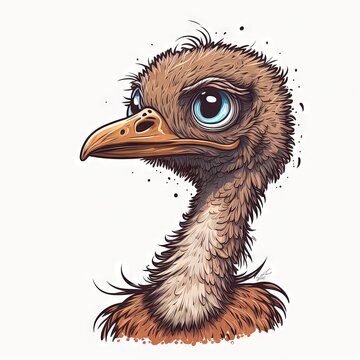 recommend clip art:  a drawing of an ostrich with a blue eye and a long beak, with a white background and a black outline of the head and bottom part of the image of the ostrich.  generative ai