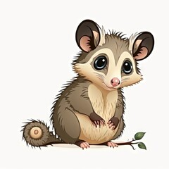  a small animal sitting on top of a branch with leaves on it's legs and eyes wide open, with a white background behind it is a small, with a small, brown,.  generative ai