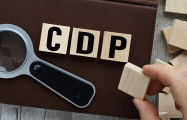 Naklejka premium Customer Data Platform .CDP. concept. wooden cubes in a brown notebook. text on wood