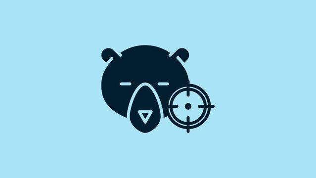 Blue Hunt on bear with crosshairs icon isolated on blue background. Hunting club logo with bear and target. Rifle lens aiming a bear. 4K Video motion graphic animation
