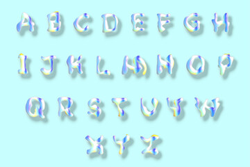 Glossy 3D y2k flux Iridescent alphabet, holographic  melted letters