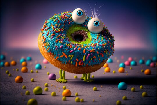 Cartoon Donut lustig Dargestellt in bunten Farben und gro&szlig;en Augen, ai generativ