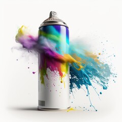 Metal aerosol spray can with colorful paint spatters isolated on a white background, generative ai - obrazy, fototapety, plakaty