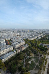 Paris, France - October 31st, 2023: An aerial view of a Parisian park named "Champs de Mars" from the top of the Eiffel tower.