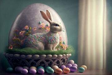Fototapeta easter bunny with easter eggs, created with Generative AI. obraz
