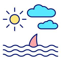 Sea, ocean landscape, shark fin peeking out of the water  - icon, illustration on white background, color style
