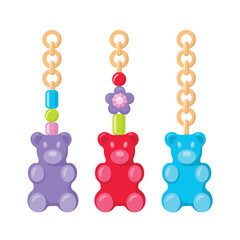Gold chain with plastic beads gummy bear pendants or keychain. Colorful jewelry Y2k flat design, vector illustration. - 565121128