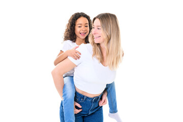 Woman in light clothes have fun with cute child girl 5 years old