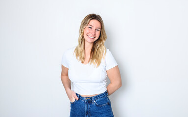 portrait of a caucasian blond woman isolated on white