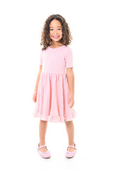 Adorable black little girl with beautiful hairstyle isolated over white with pink dress