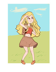 chica exploradora en planicie de hierba mirando el cielo azul con nubes