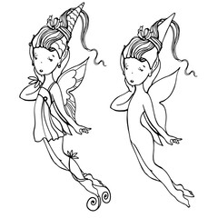 Elf girl with wings. Template,coloring, sketch. Graphic black and white isolated drawing. The sweet sorceress is flying. Magic and witchcraft.