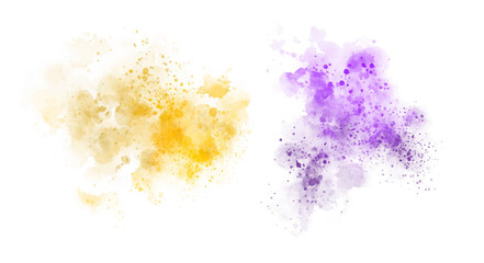 colorful watercolor stains and splashes (yellow, purple) with grunge style rough strokes and edges, brush stroke and paint texture - isolated on white background vector illustration