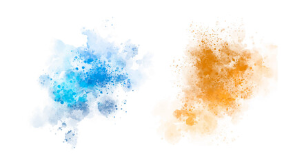 colorful watercolor stains and splashes (blue, orange) with grunge style rough strokes and edges, brush stroke and paint texture - isolated on white background vector illustration