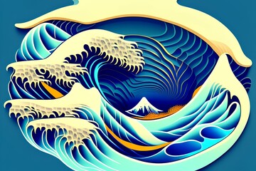 very abstract, vector art, underwater theme, sea animals and plants include, suitable for photo frame, matured art,japanese art woodblock print the great wave style - generative ai