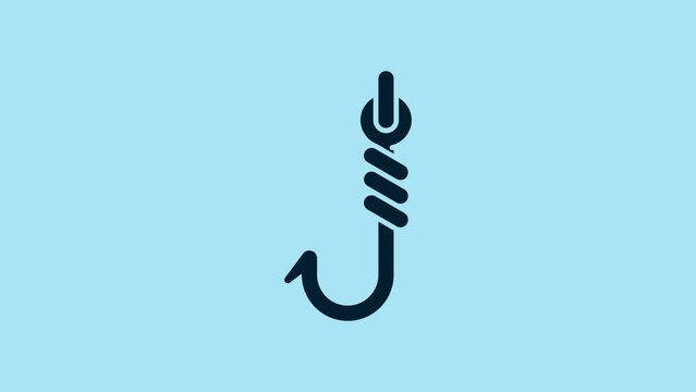Blue Fishing hook icon isolated on blue background. Fishing tackle. 4K Video motion graphic animation