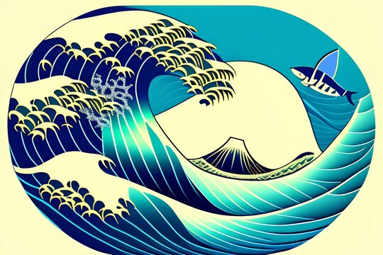 Very Abstract, Vector Art, Underwater Theme, Sea Animals And Plants Include, Suitable For Photo Frame, Matured Art,japanese Art Woodblock Print The Great Wave Style - Generative Ai