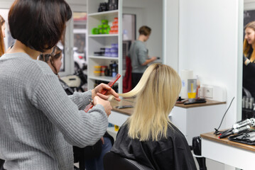 Beautiful brunette working as a hairdresser cuts the ends of the client's hair in a beauty salon