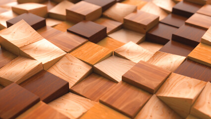 Abstract concept. Wooden rectangular shapes move up and down. Wooden block. Mosaic. 3d illustration