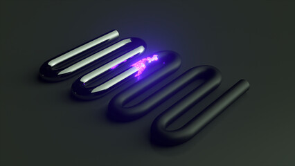 Purple neon particles move through a black glossy tube. Chemical reaction. Change from glossy to matte.