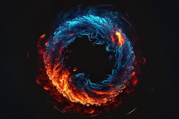 Abstract fire and water fiery circle on a black background. Ice and fire circling frame on black