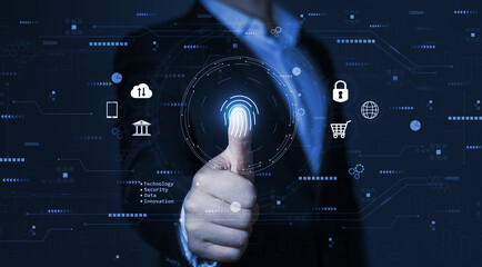 Fingerprint indentification to personal access. Biometrics security, E-kyc and innovation technology concept.
