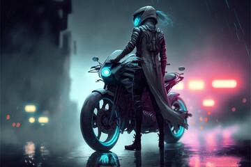 Fototapeta na wymiar Cyberpunk motorbike on a vibrant colorful landscape with a wet road in the cityscape - concept art Generative AI.