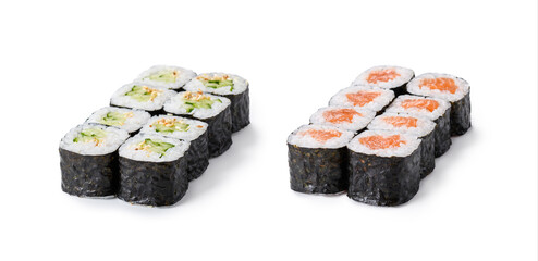 Rolls (sushi) with cucumber and salmon on a white background. Asian cuisine