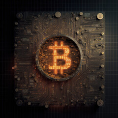 Bitcoin icon microchip. Digital gold. Decentralization.