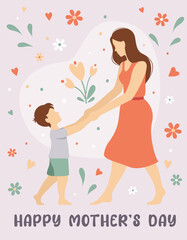 Greeting card of a mother holding her son's hands. Motherhood, childhood, mother's day, happy family concept. Vector illustration for poster, banner, postcard, placard.