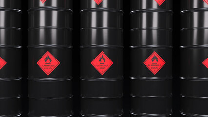 Black barrels with oil and combustibles. Flammable toxic waste. Pollution. Life threatening. 3d illustration - obrazy, fototapety, plakaty