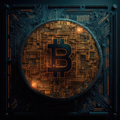 Bitcoin metal icon. Microchip. Crypto asset. Digital gold. 