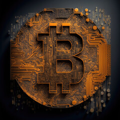 Bitcoin symbol on a microchip. Crypto market. Bitcoin trader. Decentralization.