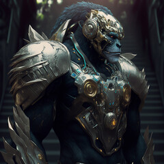 Portrait of a futuristic humanoid gorilla in heroic battle gear, generative ai