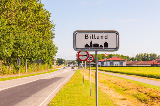 Entrance Sign to Billund, a town in Jutland, Denmark. It is the home of the Lego Group head office and the Legoland theme park. Billund Airport is the second largest airport in Denmark.