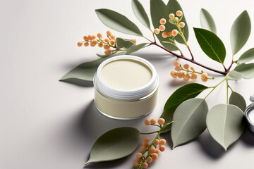Natural face cream on a white table and plant branches